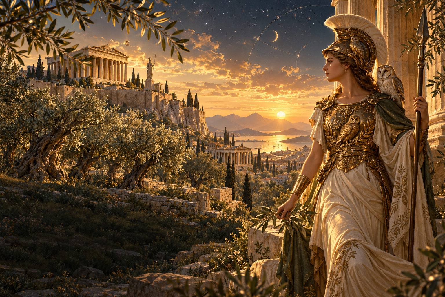 Athena stands beside an olive grove overlooking an ancient Greek temple at sunset.